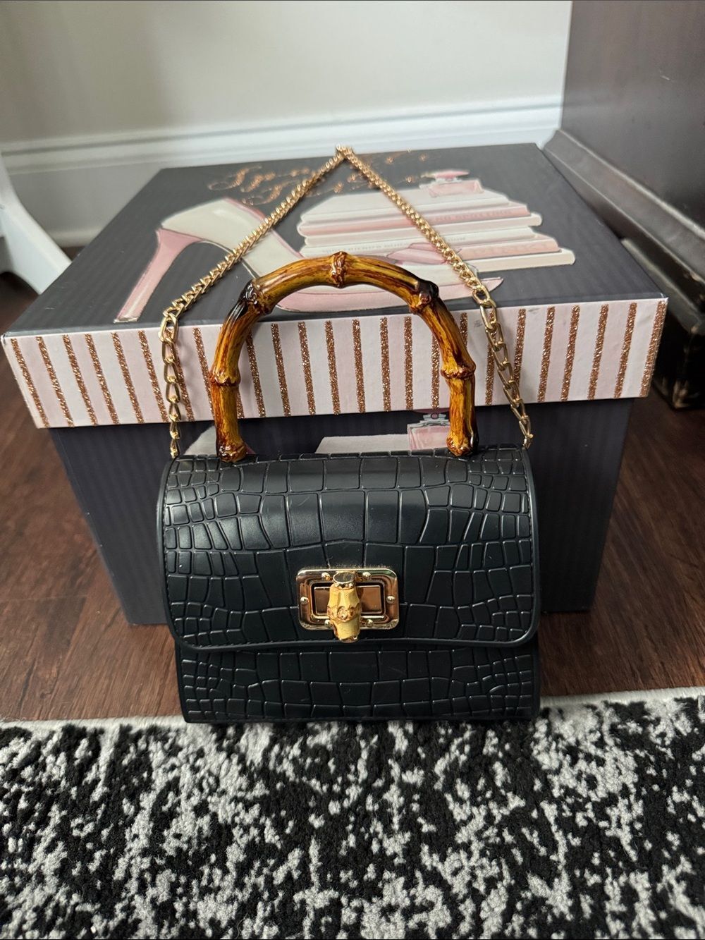 Black Croc-Embossed Bamboo-Handle Shoulder Bag with Gold Hardware